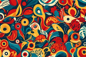 Dynamic and captivating, an illustration comes alive with organic shapes, forming a retro-style seamless pattern that celebrates vibrant primary colors.