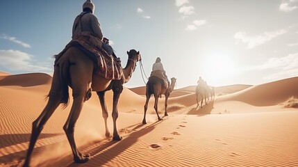 People riding camels in the desert for travel - Powered by Adobe