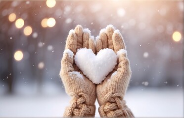 Female hands knitted glove holding heart of snow on a winter day. Valentine's day creative concept