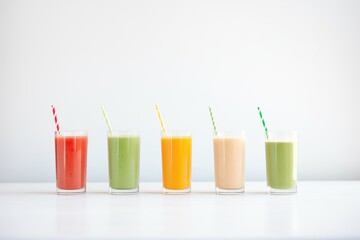 row of detox smoothies, from green to red gradient