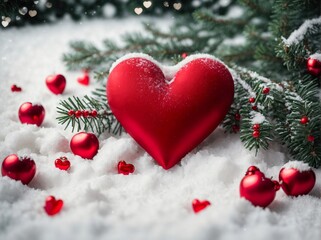 Red hearts, fir tree branch and red berries on snow background. Saint Valintine's composition ai
