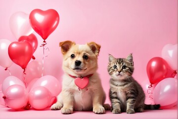 Fototapeta na wymiar Cute dog and cat with valentine heart shape balloon on pink background