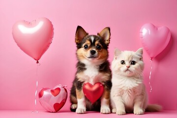 Fototapeta na wymiar Cute dog and cat with valentine heart shape balloon on pink background