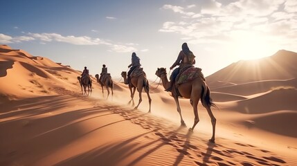 Fototapeta premium People riding camels in the desert for travel