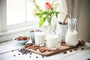 almond milk and coffee beans setup for a dairyfree morning - obrazy, fototapety, plakaty