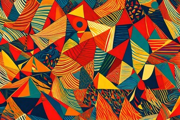 Fototapeta na wymiar Spirals of retro allure grace the canvas in an abstract illustration, forming a seamless pattern of triangles against a backdrop of lively primary colors.
