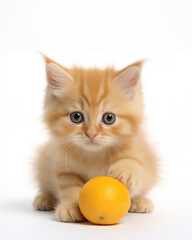 Orange kitten holding orange on white background