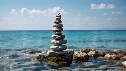 Fototapeta na wymiar Stack of stones balancing on top in blue water of the sea