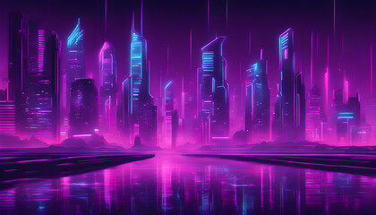 Cityscape on a dark background with bright and glowing neon purple and blue lights.