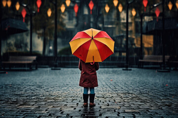 Child with Colorful Umbrella in Rain