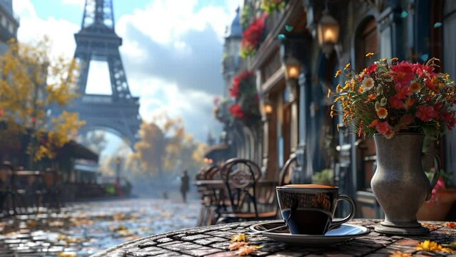 view of a cup coffee in a cafe with the Eiffel Tower background, seamless looping 4k time lapse, animation video background