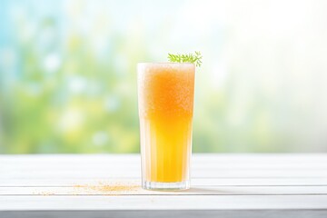 frosted glass of carrot juice, condensation beads