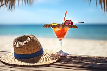 Sip a refreshing cocktail by the serene beach, adorned with a straw hat and sunglasses, embodying the epitome of a relaxing vacation