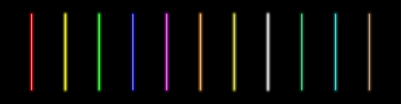 Luminous neon lines isolated, lights lines set in different rainbow colors, retro led neon lamp tube, glowing laser beams streaks on dark background. Isolated design elements. Vector illustration