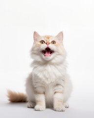 Fluffy cat smiling on white background