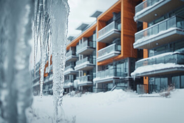 An imposing modern apartment complex is transformed into a glacial fortress under the weight of the heavy snow and ice.