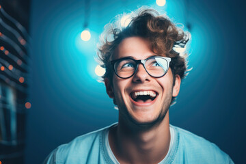 Joyful Man with Glasses on Blue Background
