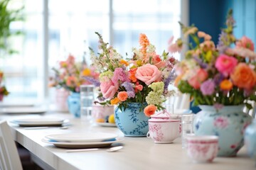 Fototapeta na wymiar blue and pink floral arrangements on a festive table