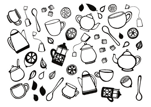 A set of tea party elements. Black outline. Doodle. Isolated on white background. Teapots, cups, spoons, French press, sugar bowls, lemons, leaves, sugar cubes, tea bags. - Powered by Adobe