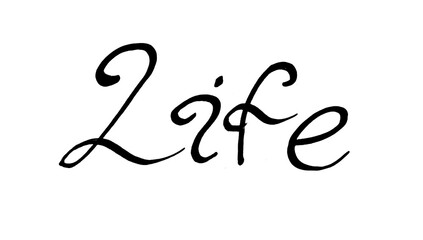 The word Life in black isolated on a white background. Calligraphic font. Long twisted serifs. Rounded letters. Lettering.