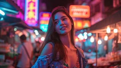 Young woman in urban neon lighting. Evening stroll concept. - obrazy, fototapety, plakaty
