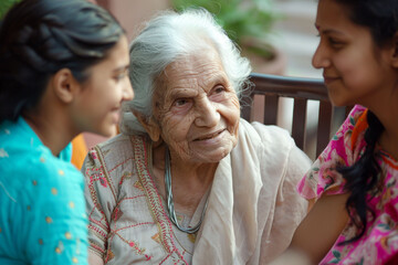 A portrait of woman sharing stories and wisdom with younger woman, showcasing intergenerational connections and empowerment.