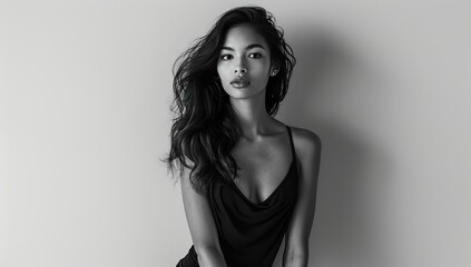 Asian woman in black, monochrome portrait. - obrazy, fototapety, plakaty