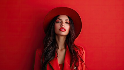 Young woman in red with a wide-brimmed hat. The concept of style and high fashion.