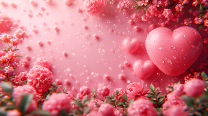 Obraz premium Valentine's day background with hearts and flowers on pink. Valentines day background. Be my valentine theme. Valentine celebration concept. Greeting card whit bokeh lights in the background