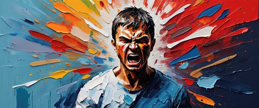 Angry man in palette knife painting. Anger and Scream. Colorful Art