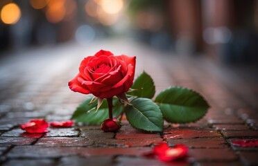 A red rose on the ground symbolizes love