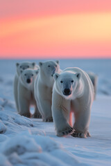 Polar bear family in the arctic region with setting sun shining. Group of wild animals in nature.