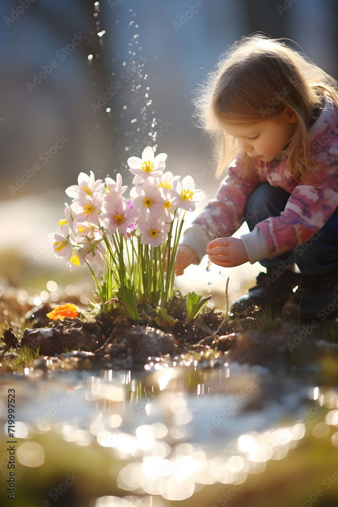 Wall mural Child playing with flowers and grass growing through the melting snow. Concept of spring coming and winter leaving.