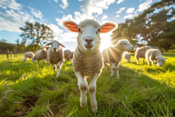 Fototapeta premium A group of sheep playfully frolicking in a bright and lively farmyard, radiating contentment and joy.