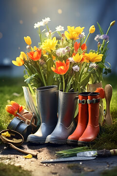 Fototapeta Gum boots with spring flowers and gardening tools with grass growing through the soil. Concept of gardening, spring coming and winter leaving.