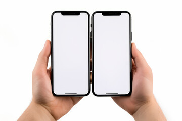 Two hands holding two iphones with white screen and black edges.