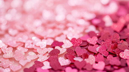A wallpaper featuring an abstract composition of heart-shaped confetti in shades of pink and red scattered