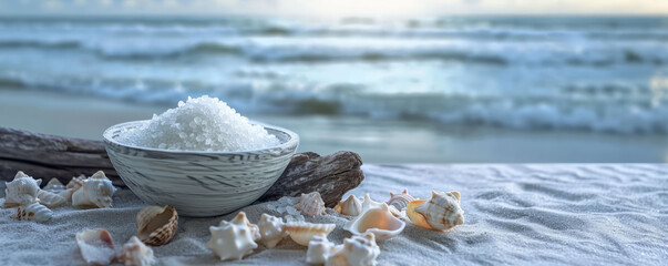 A serene coastal scene with a bowl of sea salt on weathered driftwood, surrounded by seashells and a blurred ocean in the background, capturing the pe - obrazy, fototapety, plakaty