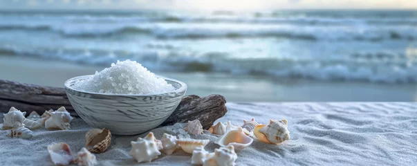 Foto op Aluminium A serene coastal scene with a bowl of sea salt on weathered driftwood, surrounded by seashells and a blurred ocean in the background, capturing the pe © mihrzn
