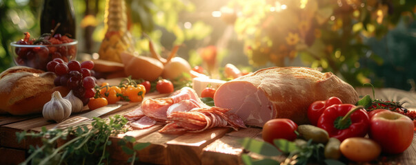 A wooden picnic table adorned with a selection of tasty ham, fresh vegetables, and artisan bread, complemented by natural sunlight filtering through t