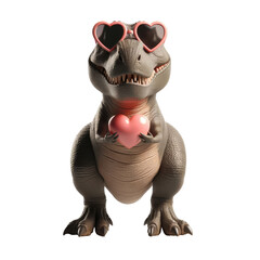Adorable T-rex dinosaur holding a heart, wearing heart-shaped sunglasses, isolated on transparent background.