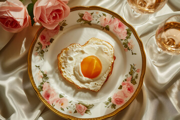 A heart-shaped fried egg placed on a vintage floral plate, accompanied by a bouquet of red roses and two champagne flutes, portraying a romantic Valentine's Day breakfast scene.