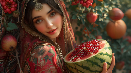 Yalda-themed textiles, such as Persian rugs and tablecloths. Persian girl with pomegranate and watermelon is a traditional Yalda night. Iranian festival night of forty of winter solstice celebration, 