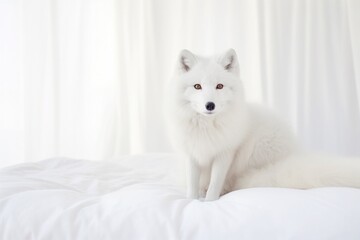 White Arctic fox on a white bed at home
