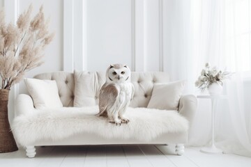 Domestic owl is sitting on a sofa in a white interior