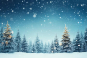 Blurred background of Christmas snowy fir trees with copy space.Merry Christmas and happy New Year greeting background