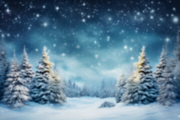 Fototapeta na wymiar Blurred background of Christmas snowy fir trees with copy space.Merry Christmas and happy New Year greeting background