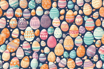 A dance of Easter eggs takes center stage, creating a retro-style print with a seamless pattern that celebrates creativity in vibrant pastel colors. - obrazy, fototapety, plakaty