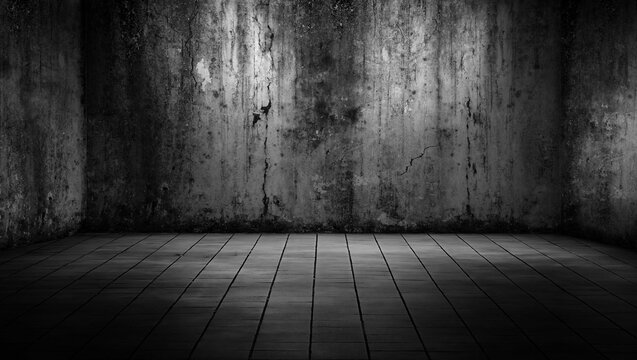 Empty abandoned room with grunge concrete wall and cement block floor under dim light, the concept of horror and Halloween