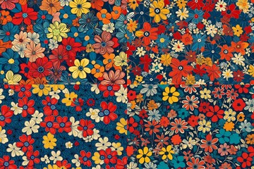 Playful and vibrant, an illustration features interlocking flowers in a retro-style print, creating a seamless pattern against a backdrop of trendy primary colors.